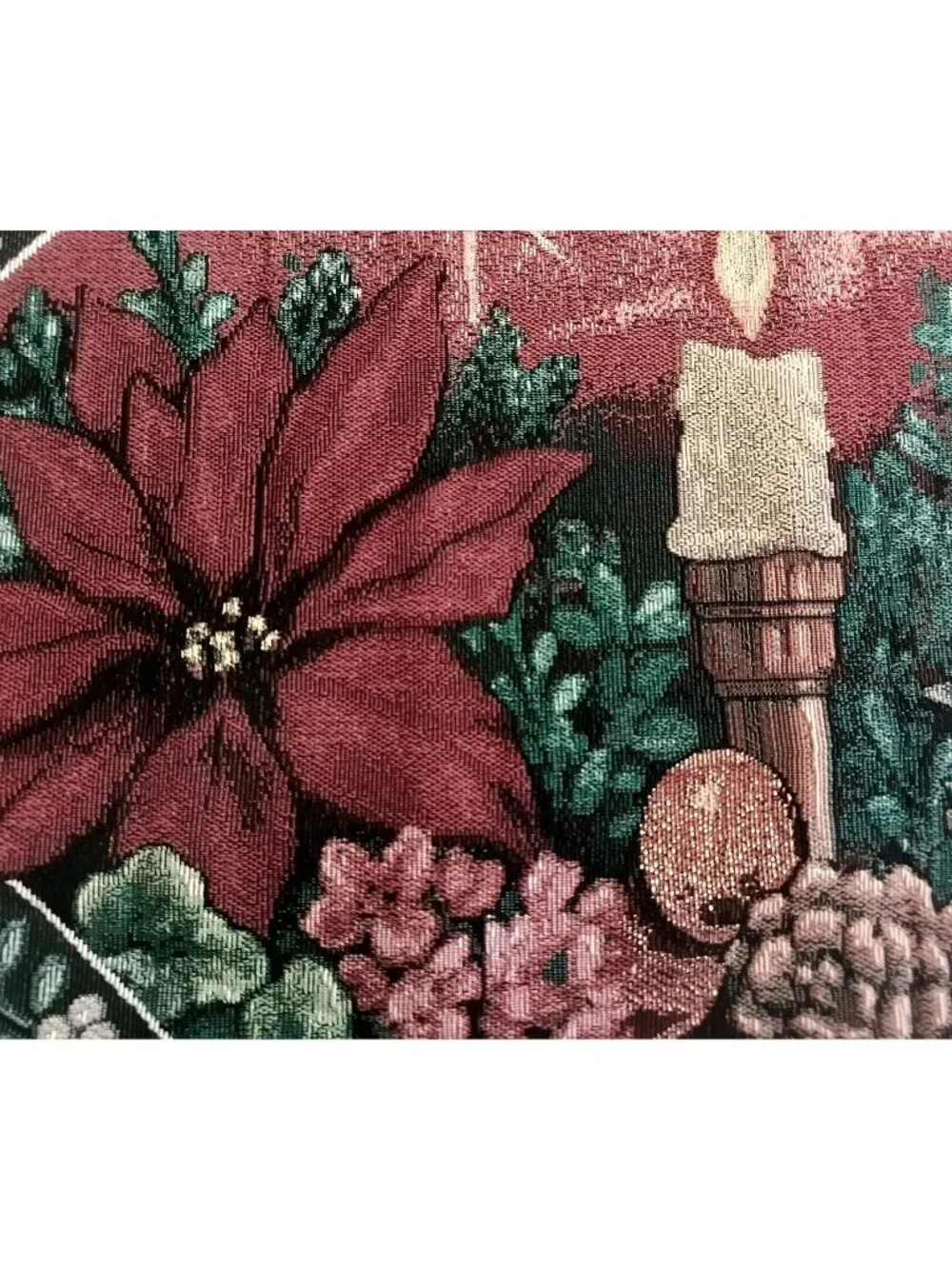 Christmas Tapestry Table Runner Poinsettia Candles Metallic Gold Threads 70x12